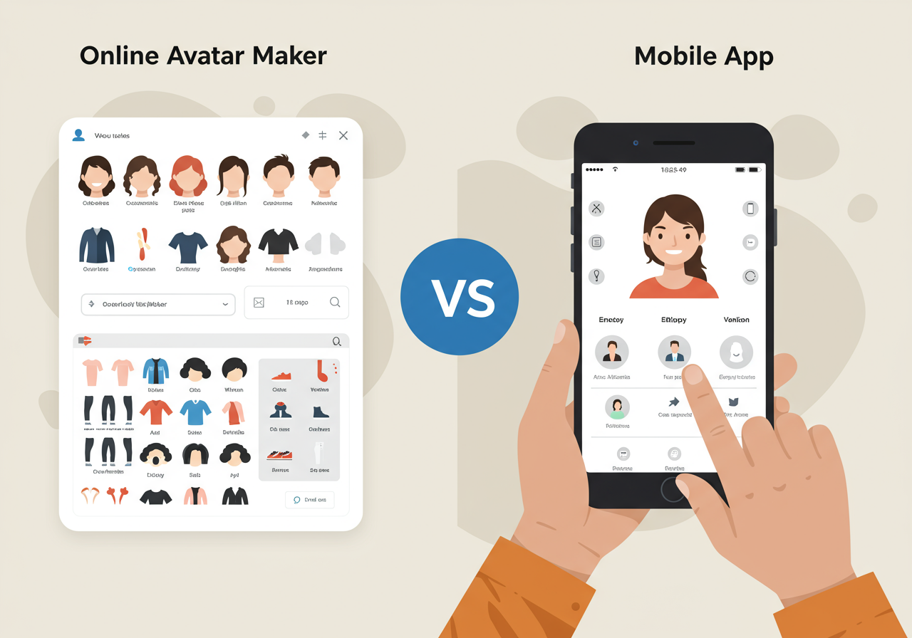 Split screen showing an online avatar maker vs an app.