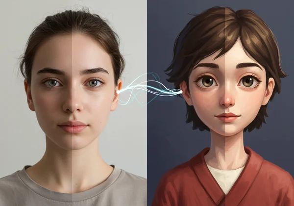 A photo transforming into a stylized AI avatar, showing evolution.