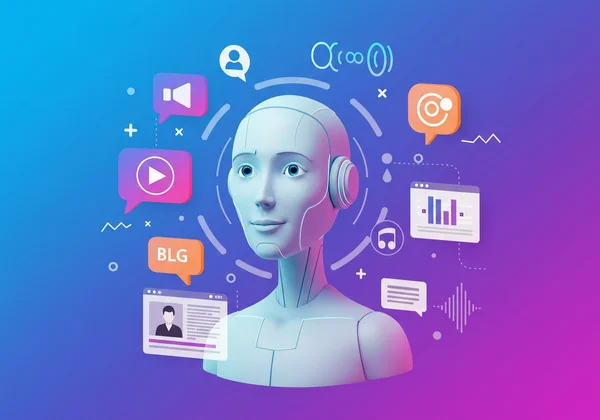 AI avatar surrounded by digital branding elements for content creator