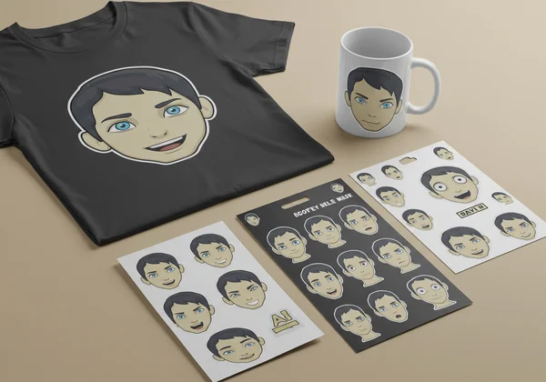 T-shirt, mug, stickers featuring an AI avatar for merchandise