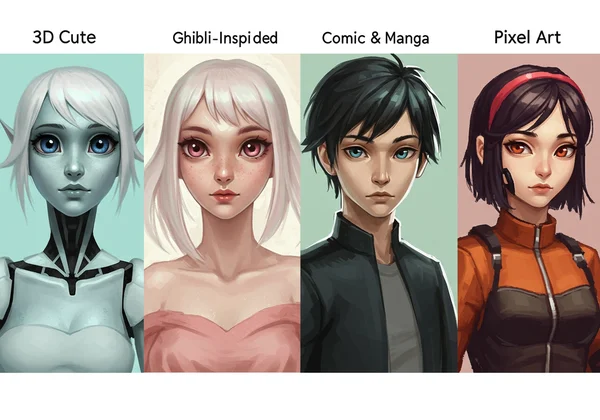 Comparison of 3D Cute, Ghibli, Comic, and Pixel Art avatars