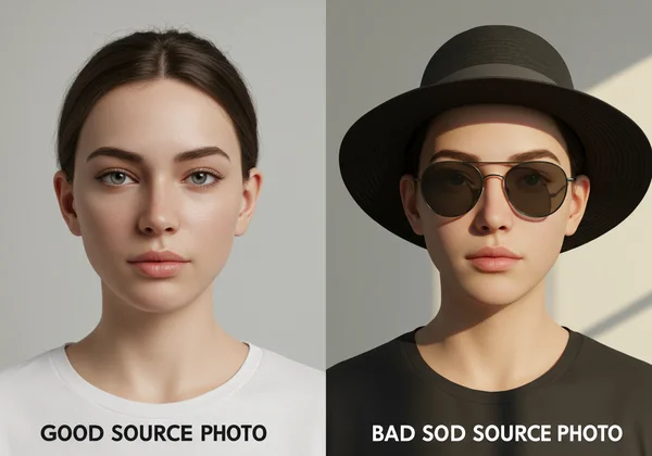 Comparison of good vs bad source photos for AI avatar generation