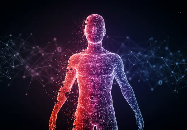 Person transforming into a digital AI avatar, digital identity