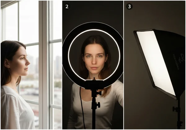 Comparison of natural, ring, and softbox lighting setups.