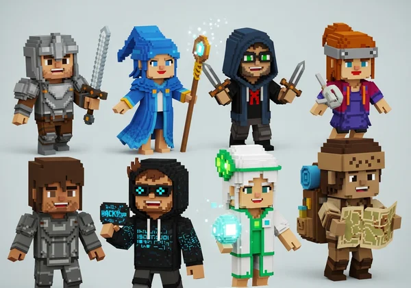 Collection of diverse 3D pixel gaming avatars