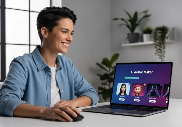 User creating an AI avatar on a modern laptop