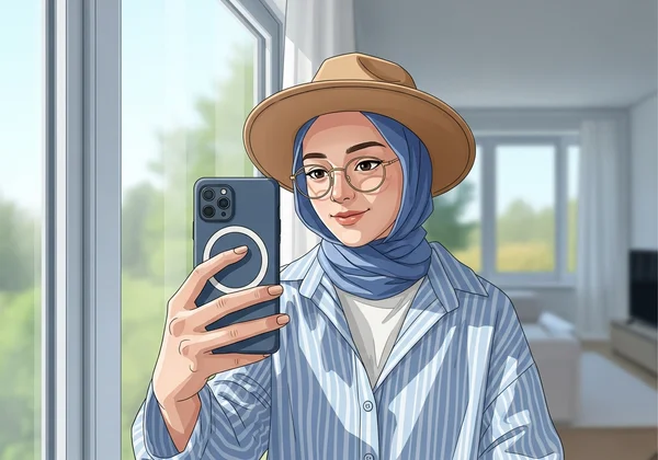 Person taking selfie against a plain wall backdrop